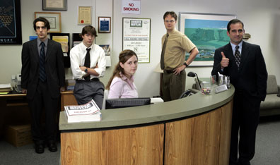 The American cast of The Office, from left to right: BJ Novak, John Krasinski, Jenna Fischer, Rainn Wilson and Steve Carell. Courtesy Global TV.
