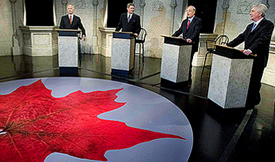 From left: NDP Leader Jack Layton, Conservative Leader Stephen Harper, Liberal Leader Paul Martin and BQ Leader Gilles Duceppe before the French language leaders' debate last week in Montreal. (CP Photo/Paul Chiasson)