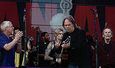 Rocking in the free world an hour north of Toronto: Bruce Cockburn, Neil Young and Gordon Lightfoot perform at Live 8 in Barrie, Ont. Photo Shaun Dhani.