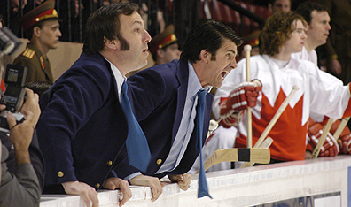 Going ballistic: Team Canada coaches (left to right) John Ferguson (Mark Owen) and Harry Sinden (Booth Savage) vent their true feelings.