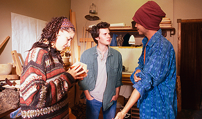 All that's missing is the incense: Caleb with new-generation hippies Erika (Sarah Lind) and Buck (Kett Turton). Courtesy Domino Film.