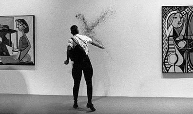 Splatter punk: Kantor at work between two Picassos in New York’s Museum of Modern Art in 1988. Courtesy Istvan Kantor.