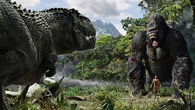 You disrespectin' my girl?: Kong defends Ann Darrow from a tetchy T. Rex in the jungles of Skull Island. Courtesy Weta Digital Ltd./Universal Pictures.