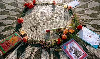 The "Imagine" circle mosaic at Strawberry Fields in New York City's Central Park. Photo by Spencer Platt/Newsmakers/Getty Images.