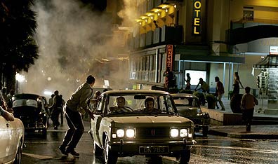 Fleeing the scene: Bombsetters make their getaway in Steven Spielberg's Munich. Photo Karen Ballard. Courtesy Universal Studios.
