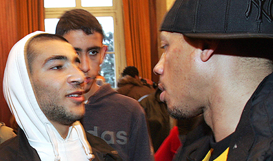 French rapper Joey Starr (right) meets with Muhittin Altun (left), who survived electrocution at a power substation in Paris's Clichy-sous-Bois. Two of Altun's friends died in that incident, sparking widespread suburban rioting in October and November 2005. (Photo Getty Images/AFP/Jack Guez)