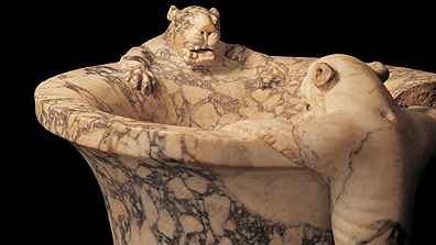 Detail of monumental Roman marble vase with panther-shaped handles, the only example of its kind ever found. From the Canadian Museum of Civilization's exhibition, Petra: Lost City of Stone. Photo Peter John Gates/Cincinnati Art Museum/Canadian Museum of Civilization.