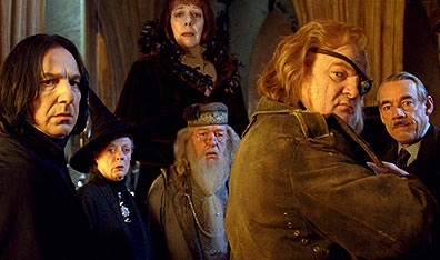 Rogues gallery: From left, Severus Snape (Alan Rickman), Minerva McGonagall (Maggie Smith), Madame Olympe Maxime (Frances de la Tour), Albus Dumbledore (Michael Gambon), Alastor "Mad-Eye" Moody (Brendan Gleeson) and Barty Crouch (Roger Lloyd Pack). Courtesy Warner Bros. Pictures.