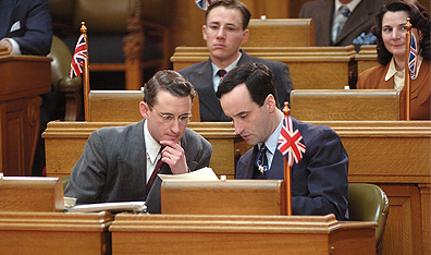 Michael Therriault as Tommy Douglas confers with Don McKellar as Clarence Fines, Saskatchewan provincial treasurer. Photo Allan Feildel.