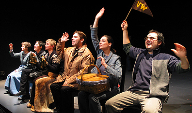 From left to right: Alison Lawrence, Lesley Dowey, Deborah Drakeford, Mark McGrinder, Kimwun Perehinec and Dylan Roberts in The Laramie Project. Photo John Karastamatis. Courtesy Studio 180.
