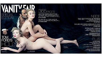 Vanity project: Tom Ford, Scarlett Johansson (foreground) and Keira Knightley posing on the fold-out cover of Vanity Fair magazine's new Hollywood issue. (AP Photo/Annie Leibovitz exclusively for Vanity Fair).