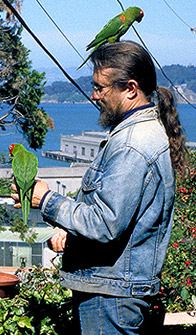 Birds of a feather: Mark Bittner and his charges in The Wild Parrots of Telegraph Hill. Photo Daniela Cossali. Courtesy Wild Parrots Film.