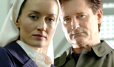 Natascha McElhone is Sister Josepha Montafiore and Bill Pullman plays Harvard professor Dr. Richard Massey in the television mini-series Revelations. Courtesy Global TV. 