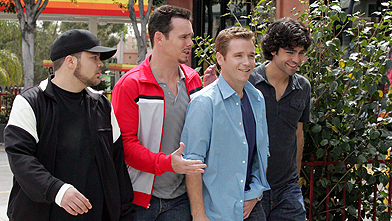 Hanging out in planet Hollywood: from left, Jerry Ferrara as Turtle, Kevin Dillon as Drama, Kevin Connolly as Eric and Adrian Grenier as Vincent Chase in Entourage. Courtesy The Movie Network.