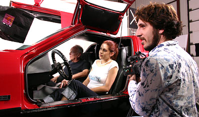 Malcolm Bricklin (inside car), being directed by Christien LeBlanc. Courtesy Christien LeBlanc.