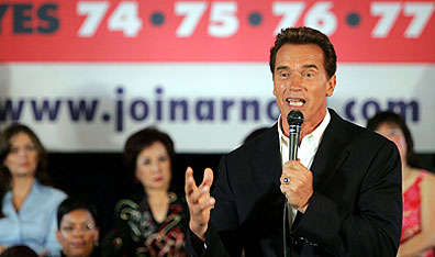 Part-time Governator, full-time Terminator: California governor Arnold Schwarzenegger during a town hall-style meeting in Oakland in October. Photo Justin Sullivan/Getty Images.