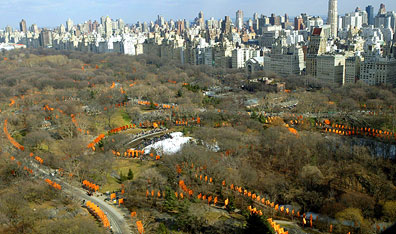 Christo and Jeanne-Claude's The Gates, in the southeastern corner of Central Park on the art installation's opening day, Saturday, Feb. 12. AP Photo by Kathy Willens