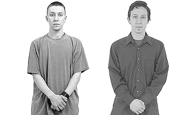 A portrait of David, age 22 and 32. From Micah Lexier's photo series David: Then and Now. Photo Sheila Spence. Courtesy Plug In ICA. 