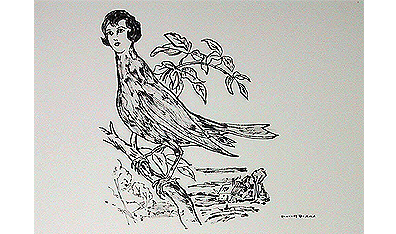 Untitled (bird with woman's head), by Marcel Dzama. Ink on paper, 18 x 23 inches. Courtesy Atelier Gallery. 