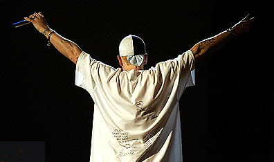 Showing his best side: Eminem performs at the 2005 MTV Movie Awards in Los Angeles. Photo by Kevin Winter/Getty Images.