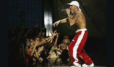 "And this is a song about how I lost my shirt": Eminem at the 2002 MTV Video Music Awards in New York City. Photo by Scott Gries/ImageDirect. 