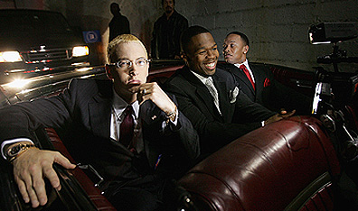 Made in the shade: Eminem, 50 Cent and Dr. Dre arrive at New York's Roseland Ballroom in October of 2004 to launch Shade 45, a new satellite radio station. Photo by Frank Micelotta/Getty Images.