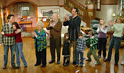 From the taping of the final episode of the show. From left: Ray Romano, Patricia Heaton, Doris Roberts, Peter Boyle, Brad Garrett with his two children, Sullivan Sweeten, Madylin Sweeten and Monica Horan. AP Photo/CBS Richard Cartwright.