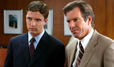  In Good Company: Topher Grace, left, and Dennis Quaid practice male bonding at the office. Photo by Glen Wilson. Courtesy Universal Studios