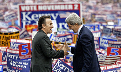The Boss and the Wannabe Boss: Bruce Springsteen shakes hands with Sen. John Kerry at a rally in Madison, Wisconsin. AP Photo by Stephan Savoia
