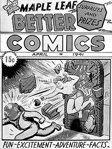 Iron Man, from the front cover of Better Comics No. 2, April 1941.  Copyright National Archives of Canada/Nelvana Ltd. (Michael Hirsh & Patrick Loubert).
