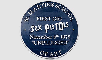 A newly unveiled plaque marks the location of the first Sex Pistols gig at St. Martins School of Art in London, England. Photo Dave Etheridge-Barnes/Getty Images.