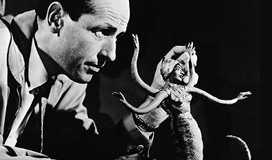 Old-school FX: American film animator and special effects creator Ray Harryhausen manipulates a figure of a serpent-like monster for stop-motion animation, circa 1965. Courtesy Hulton Archive/Getty Images.