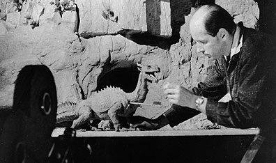 Friend of the beasts: Harryhausen on set with a dinosaur figure. Photo Hulton Archive/Getty Images.