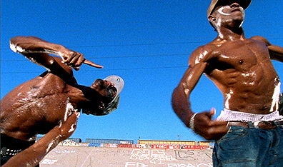 Working up a sweat: Lil' C (left) and Tight Eyez (right) in the film Rize. Photo David LaChapelle. Courtesy Lions Gate Productions.