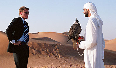 Lines in the sand: Energy analyst Bryan Woodman (Matt Damon) confronts Prince Nasir Al-Subaai (Alexander Siddig) in Syriana. Courtesy Warner Bros.