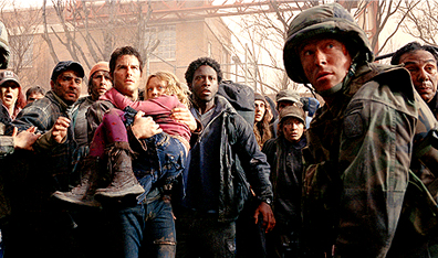 Stop, listen, what's that sound?: Ray Ferrier (Tom Cruise, centre left) tries to protect his daughter Rachel (Dakota Fanning, center right), from big bad aliens in War of the Worlds. Photo Frank Masi. Courtesy Paramount Pictures.
