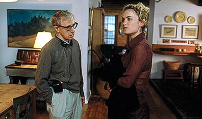 Writer-director Woody Allen and Radha Mitchell on the set of Melinda and Melinda. Photo by Brian Hamill. Courtesy Twentieth Century Fox.